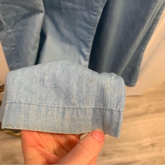 Small. Thin blue jean/ chambray jumpsuit. Embroidered top. - Picture 12 of 14